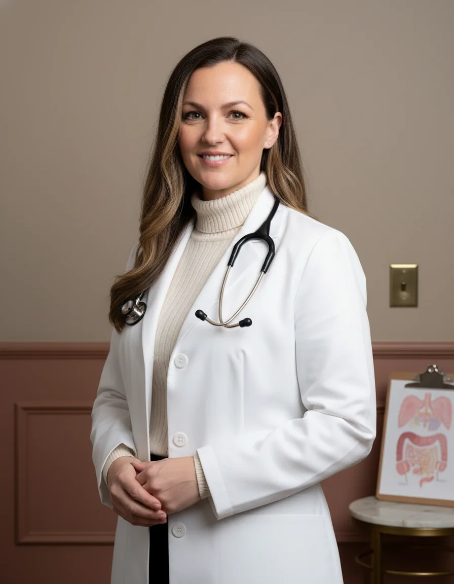 Stephie Baker — formal editorial portrait in a white doctor's coat (prop) with a short stethoscope (also prop).