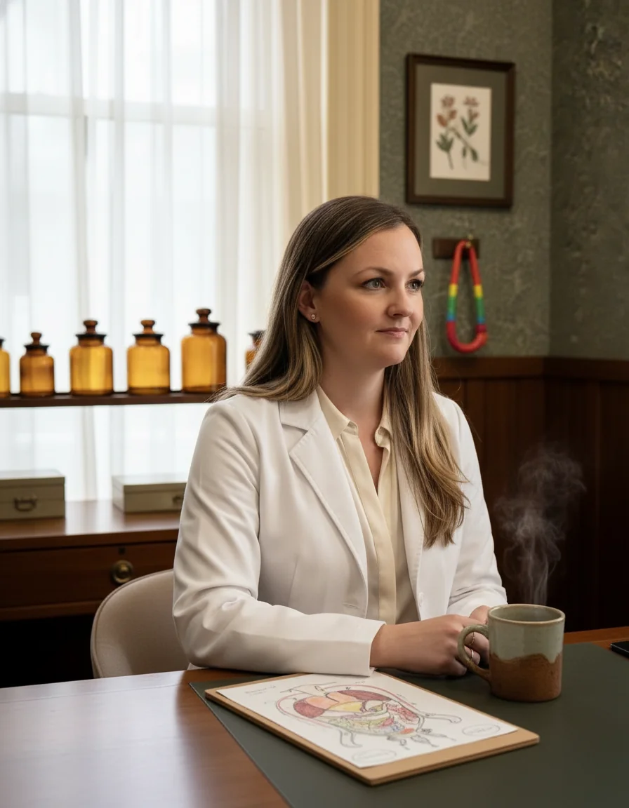 Stephie Baker at her consulting desk in a white lab coat with hand-drawn anatomy chart.