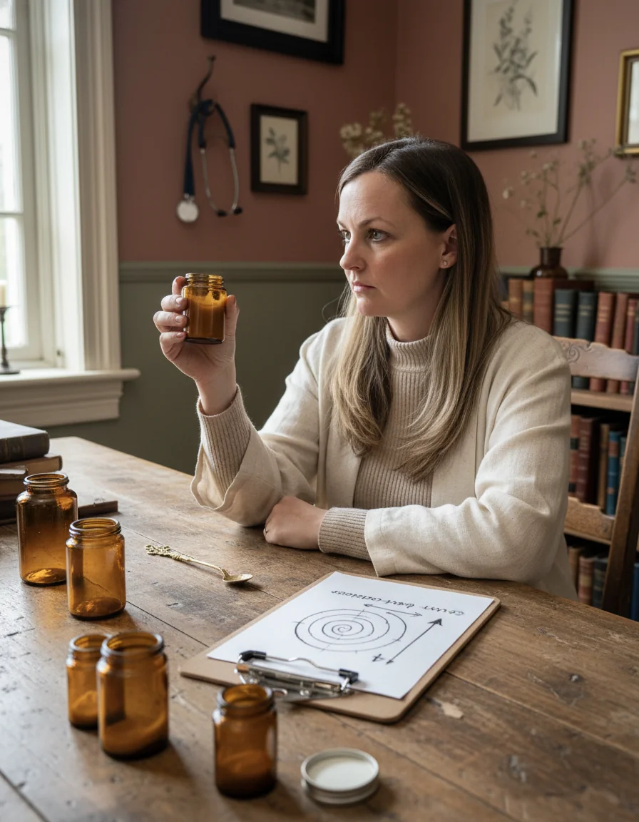 Stephie at an apothecary table inspecting a small amber jar of cream, surrounded by similar jars and a brass spoon.