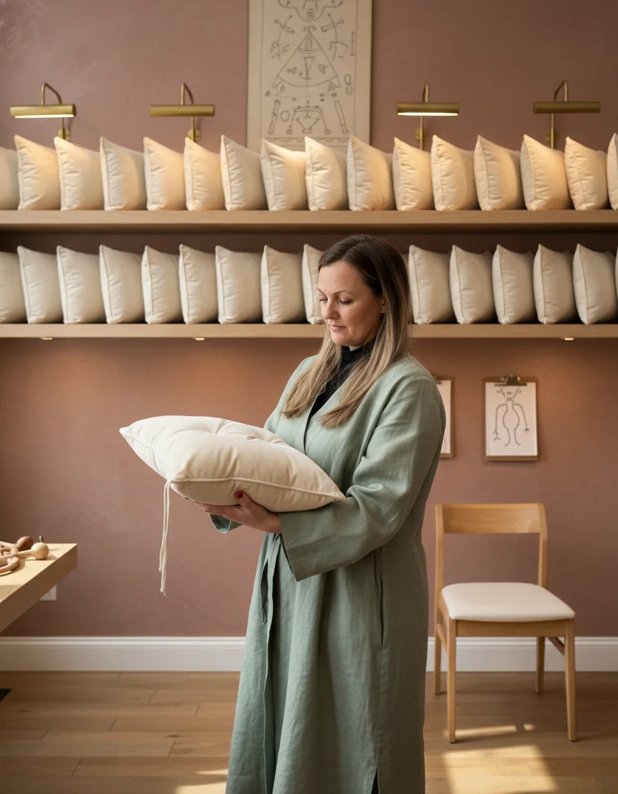Stephie in a sage linen robe holding a cream velvet cushion in a boutique with rows of cushions on shelves.