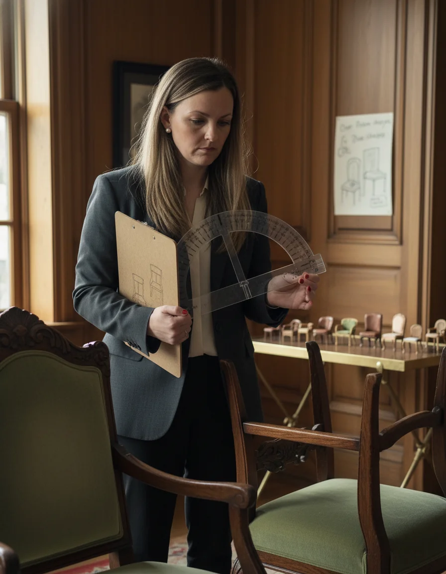Stephie examining an ornate chair with a large protractor and a wooden clipboard.