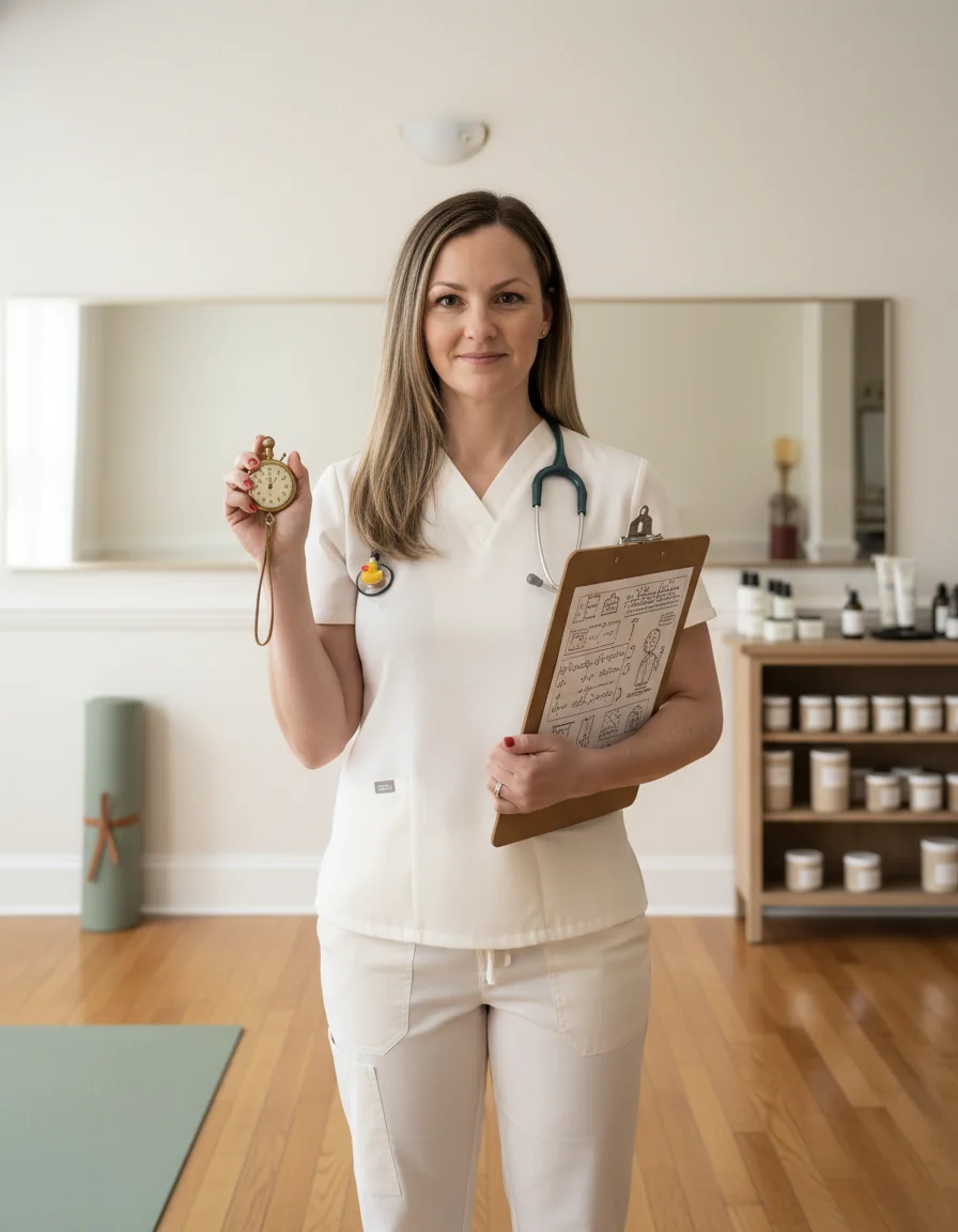 Stephie in cream scrubs in a wellness studio holding a brass stopwatch.